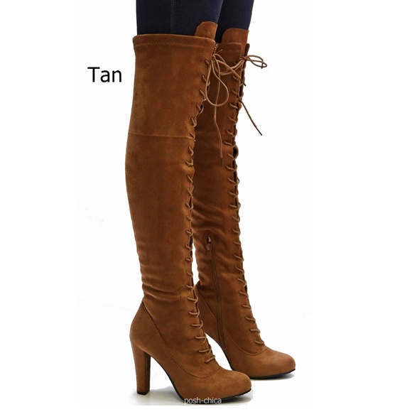 Tan Stretchy Lace Up Over Knee Combat Heel Boots - Picture 4 of 5